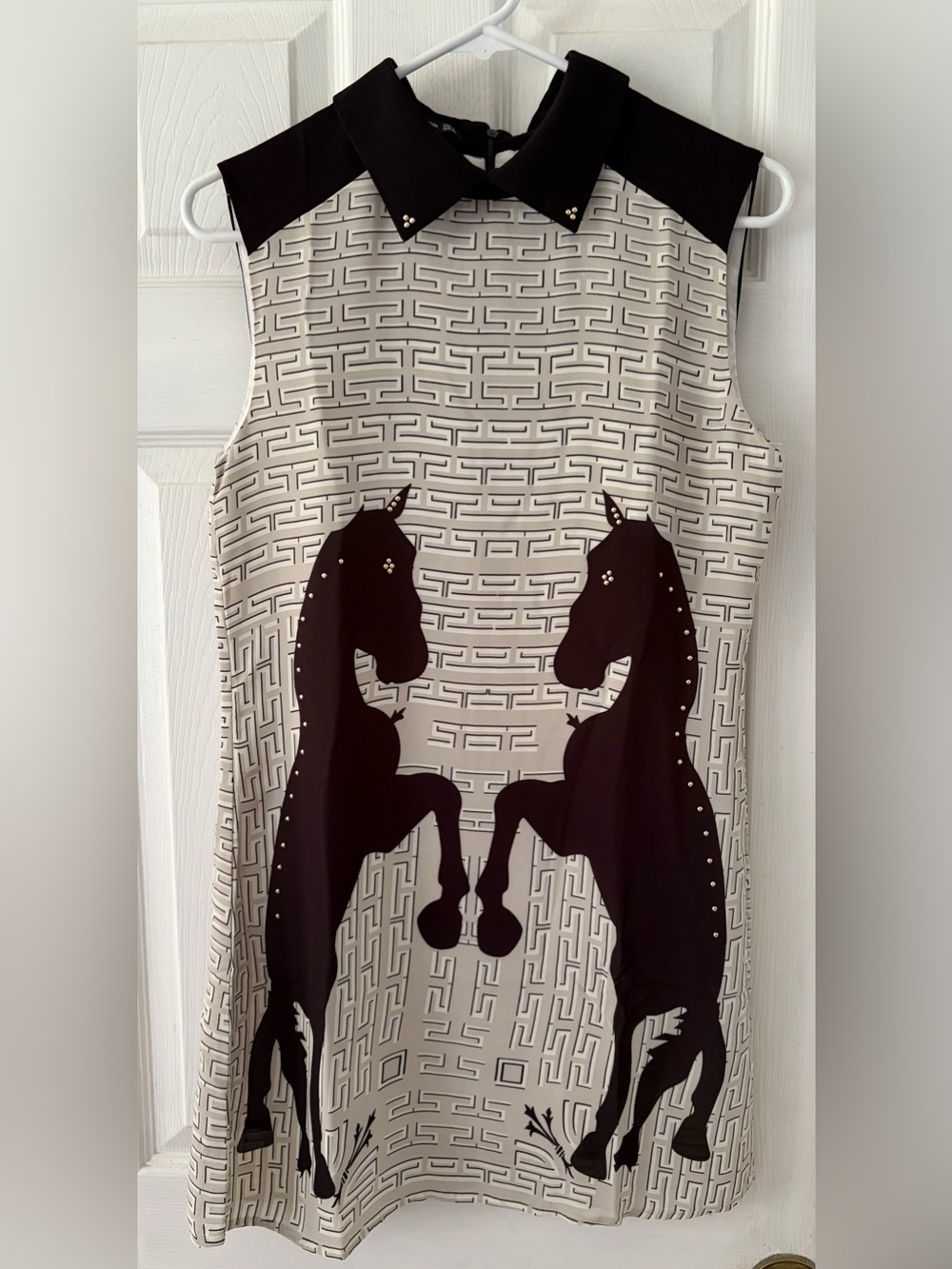 Sleeveless Cream and Black Horse-Print Shift Dress